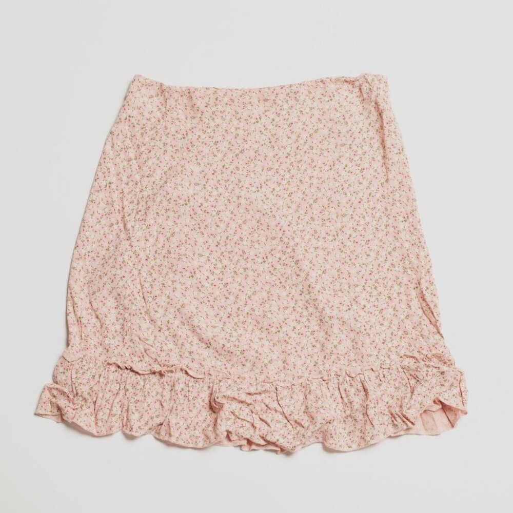 brandy melville "cara ruffle skirt" in pink w/ floral pattern